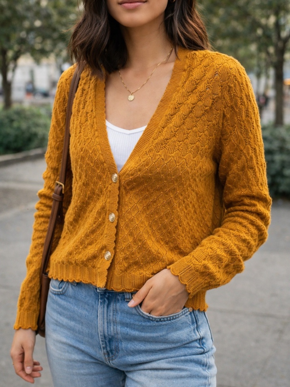 Mustard Knit Button-Front Scalloped Cardigan - Women
